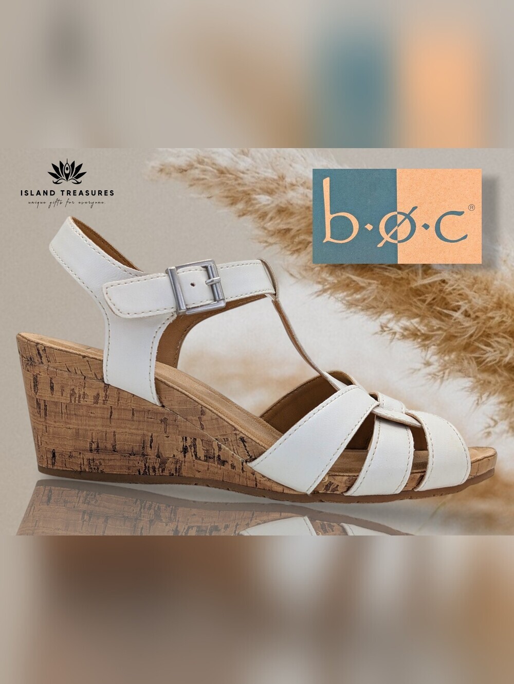 boc Jaquet Sz 8M T-Strap Cork Wedge Sandal Silver-Tone Buckle White Faux Leather